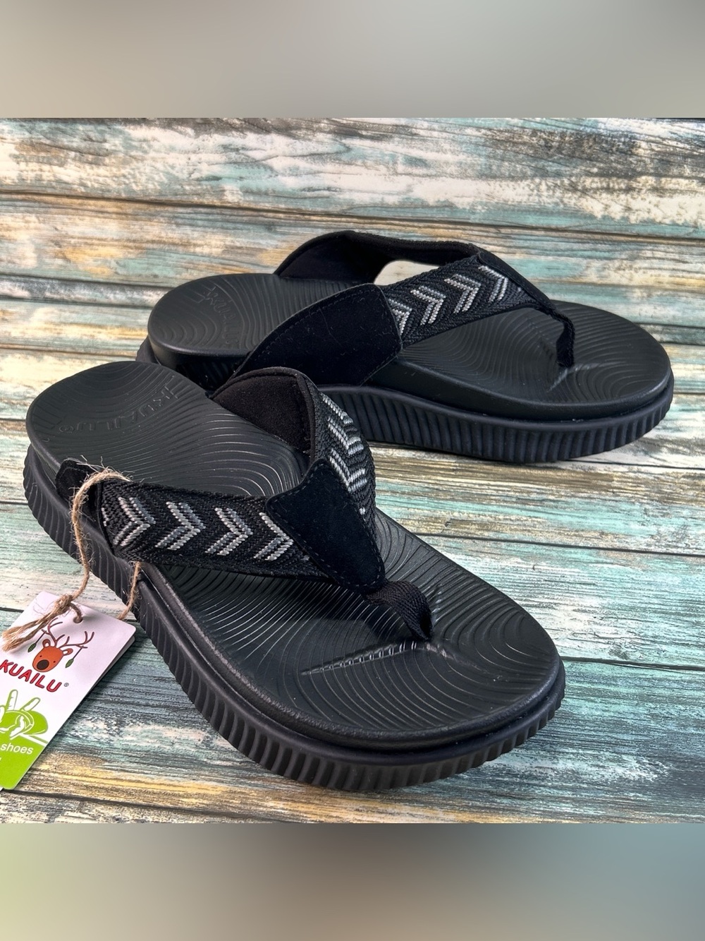 KUAILU Platform Flip Flop Sandals Size 7M Thong Summer Casual Pool Walking Black